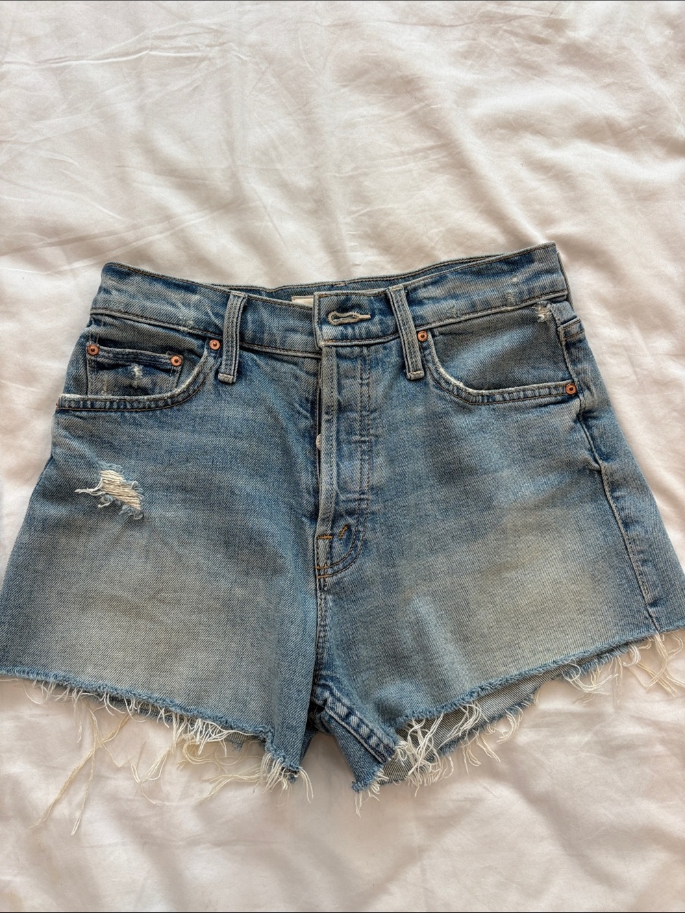 MOTHER Light Blue Distressed High-Rise Denim Shorts